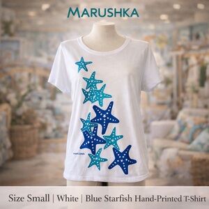 Marushka Hand Printed White t-shirt with blue starfish - Small